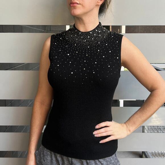 Sideffects Vintage Black Beaded Sleeveless Mock Neck Knit Top Size M - Picture 1 of 8